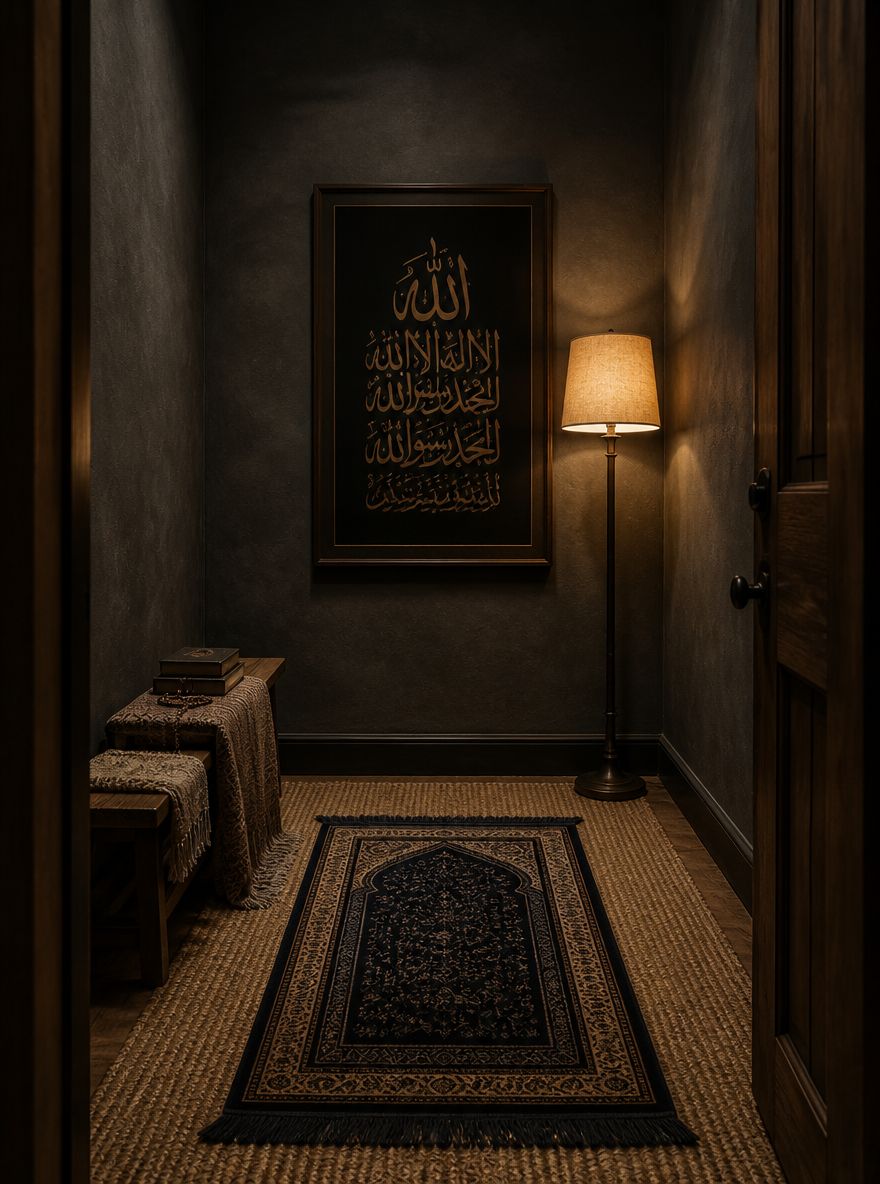 Calligraphy piece anchoring narrow grey room