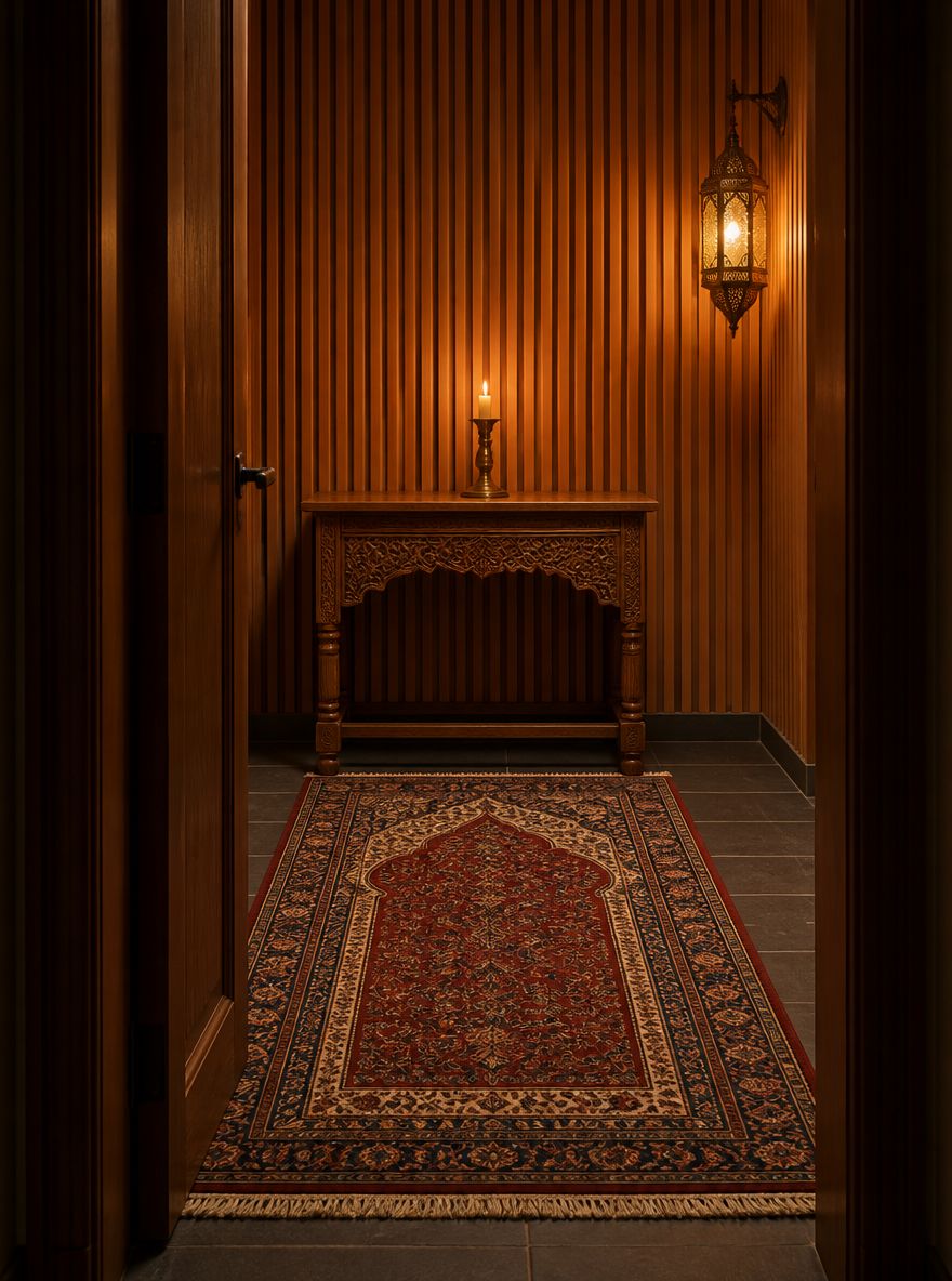 Wooden slat walls framing carved prayer table