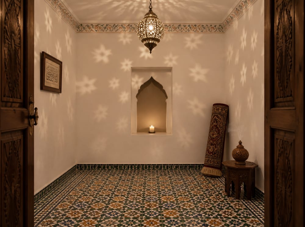 Perforated lamp casting star shadows on plaster
