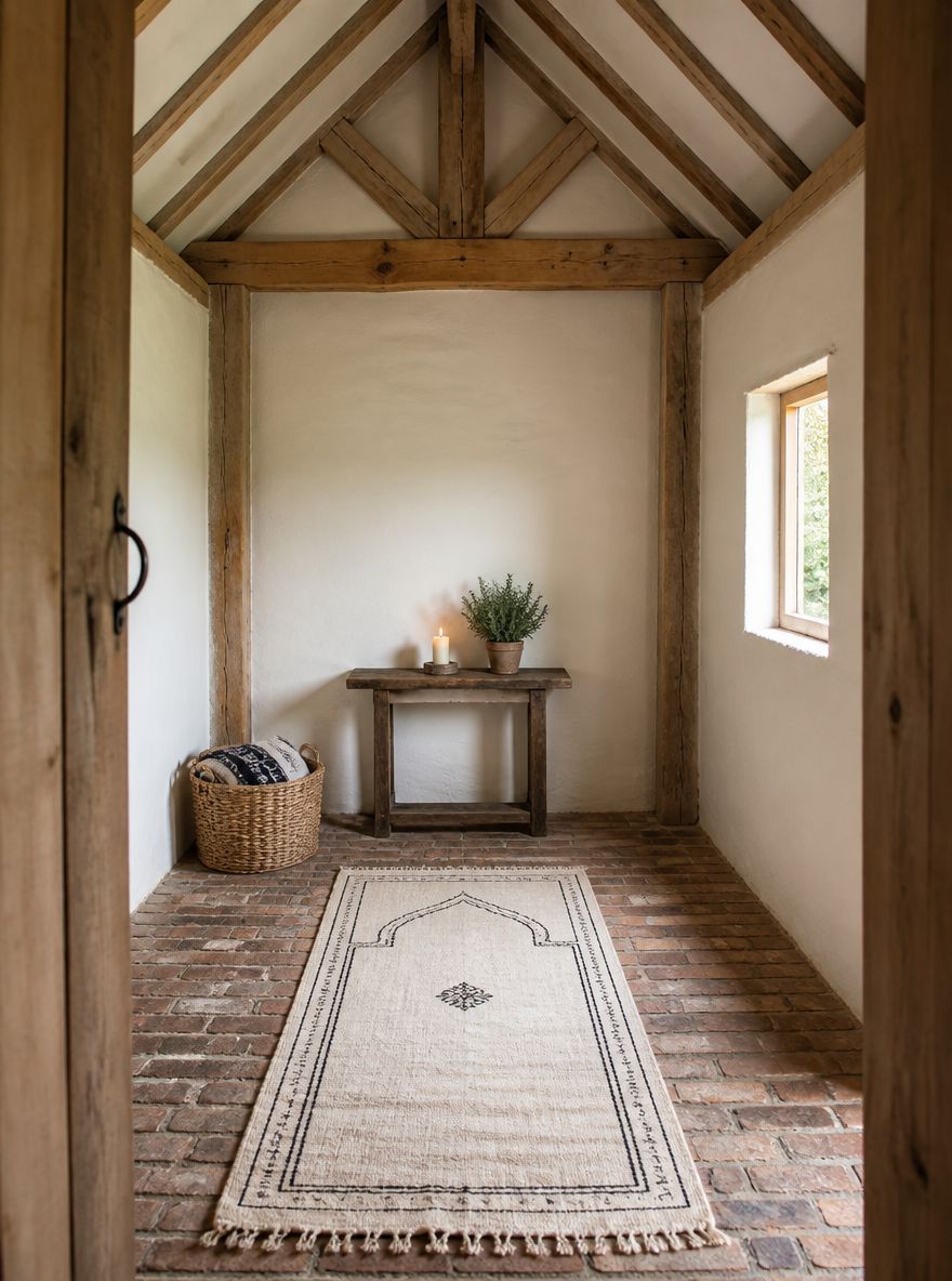 Timber-frame outbuilding with brick floor and herbs