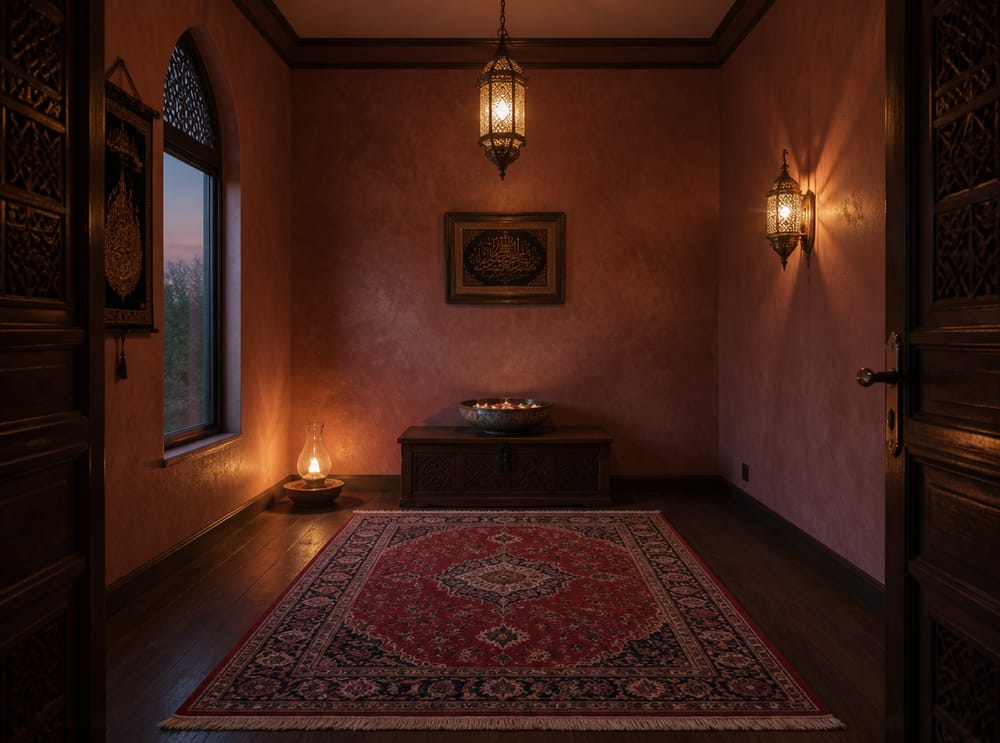 Three-layer warm lighting in burgundy prayer room