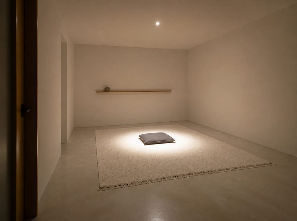 Single spotlight over charcoal cushion on white rug
