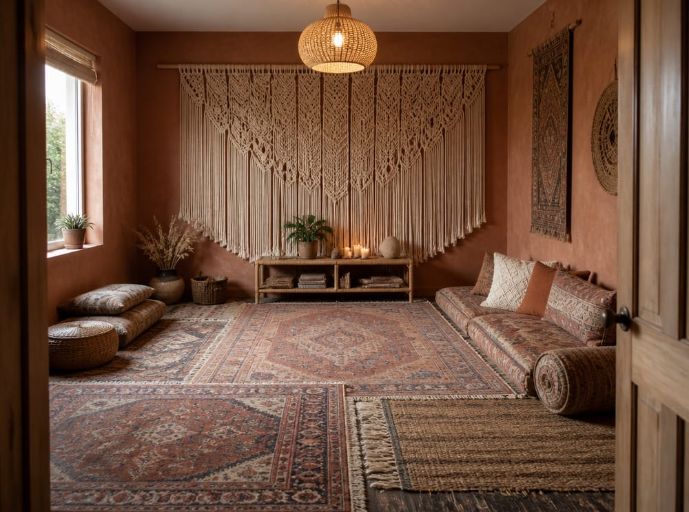Layered rugs beneath large macramé wall hanging