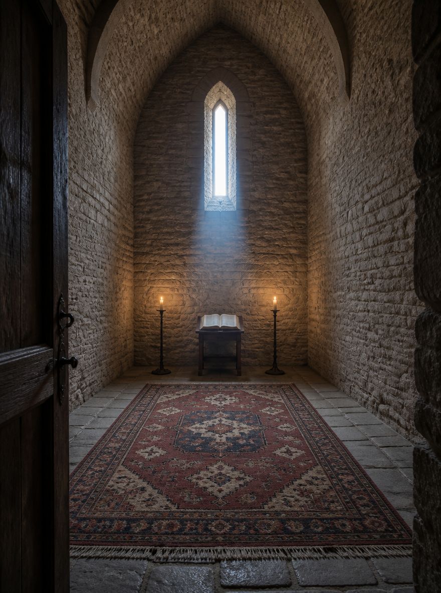 Vaulted stone room with flanking candle holders