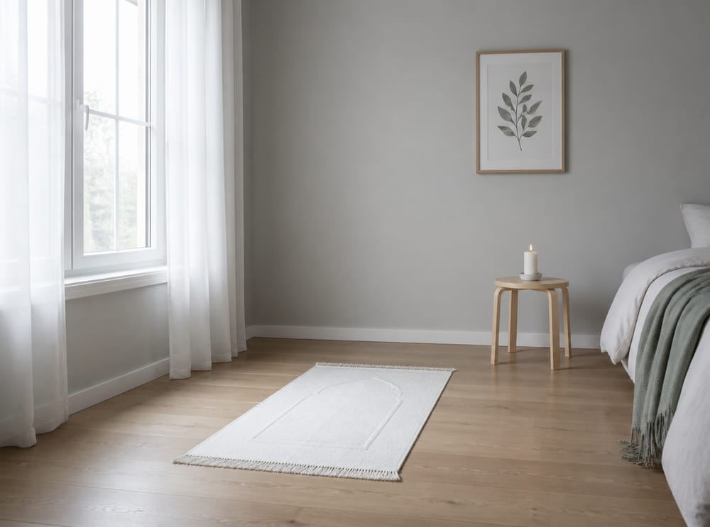 Linen mat and birch stool in pale grey corner