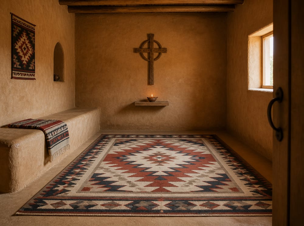 Adobe bench and carved wall symbol in ochre room