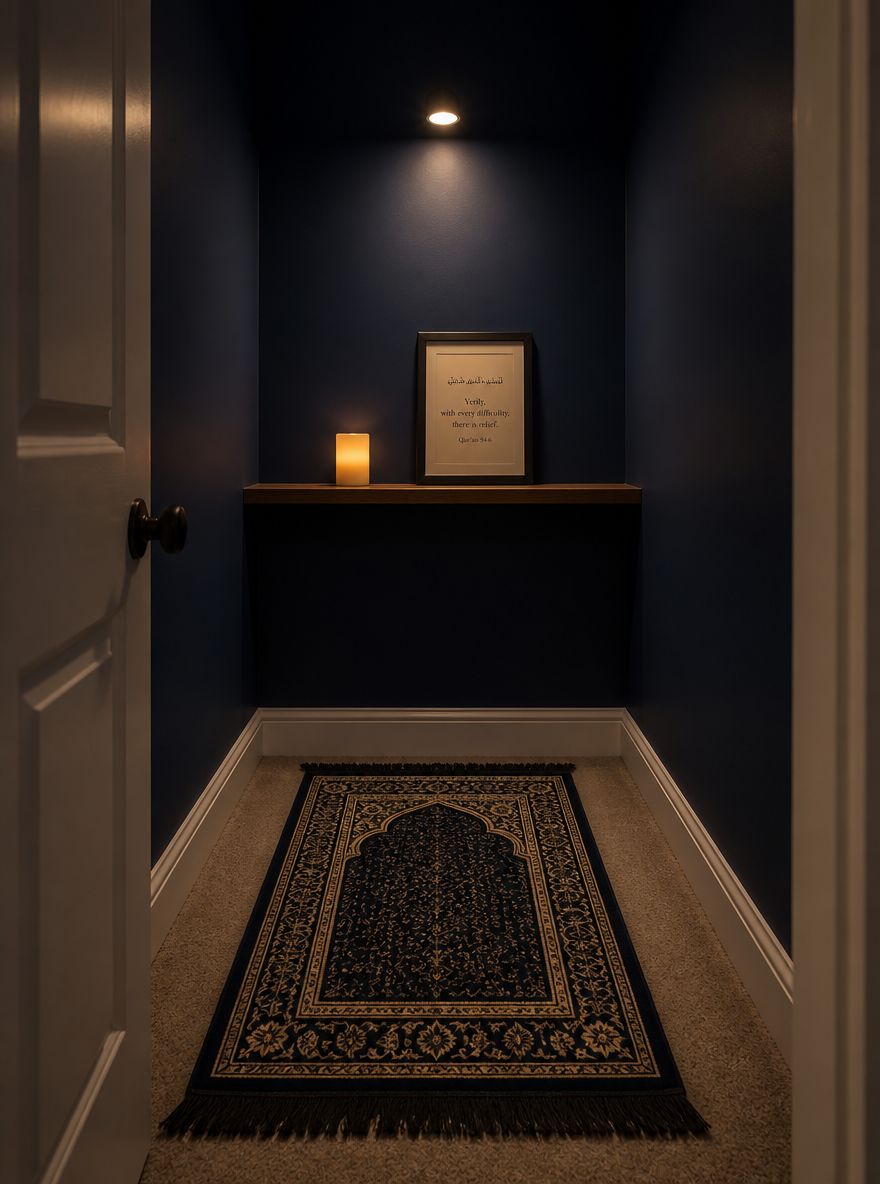 Compact closet prayer space in deep navy