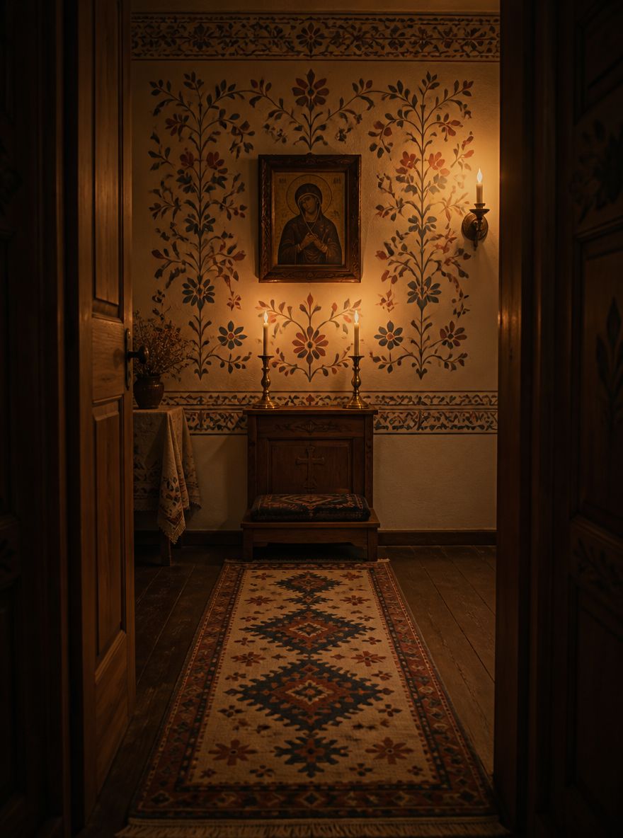 Folk-painted walls above wooden kneeler