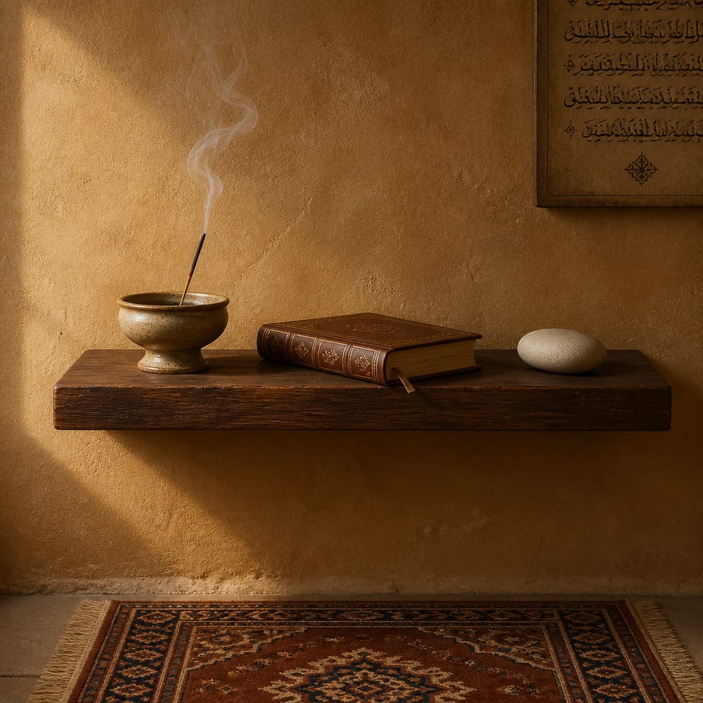 Walnut shelf with incense smoke and smooth stone