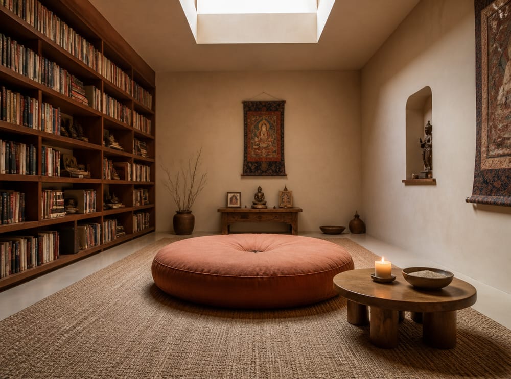 Round cushion centered under skylight with bookshelves
