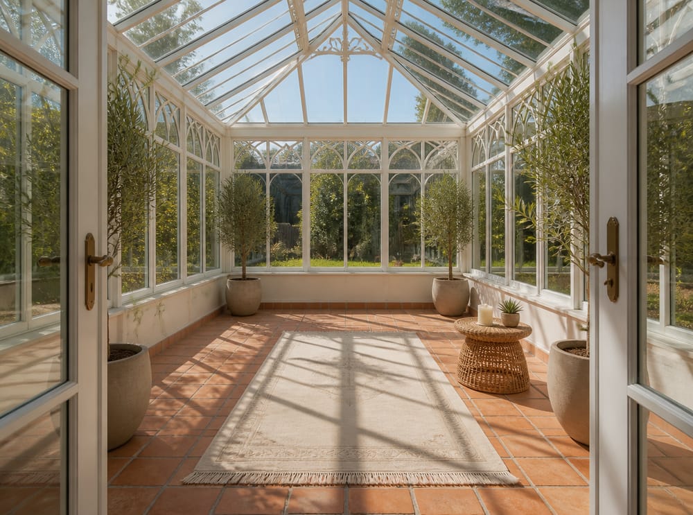 Glass roof shadows across rug in conservatory