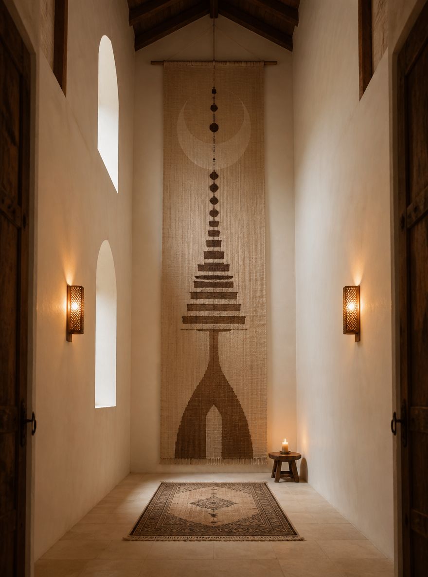 Full-height textile artwork above stone floor rug
