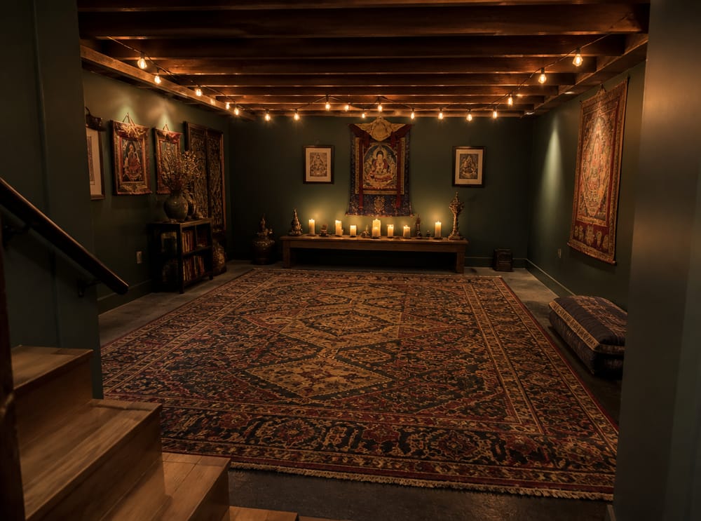 Candle row on altar in forest green basement