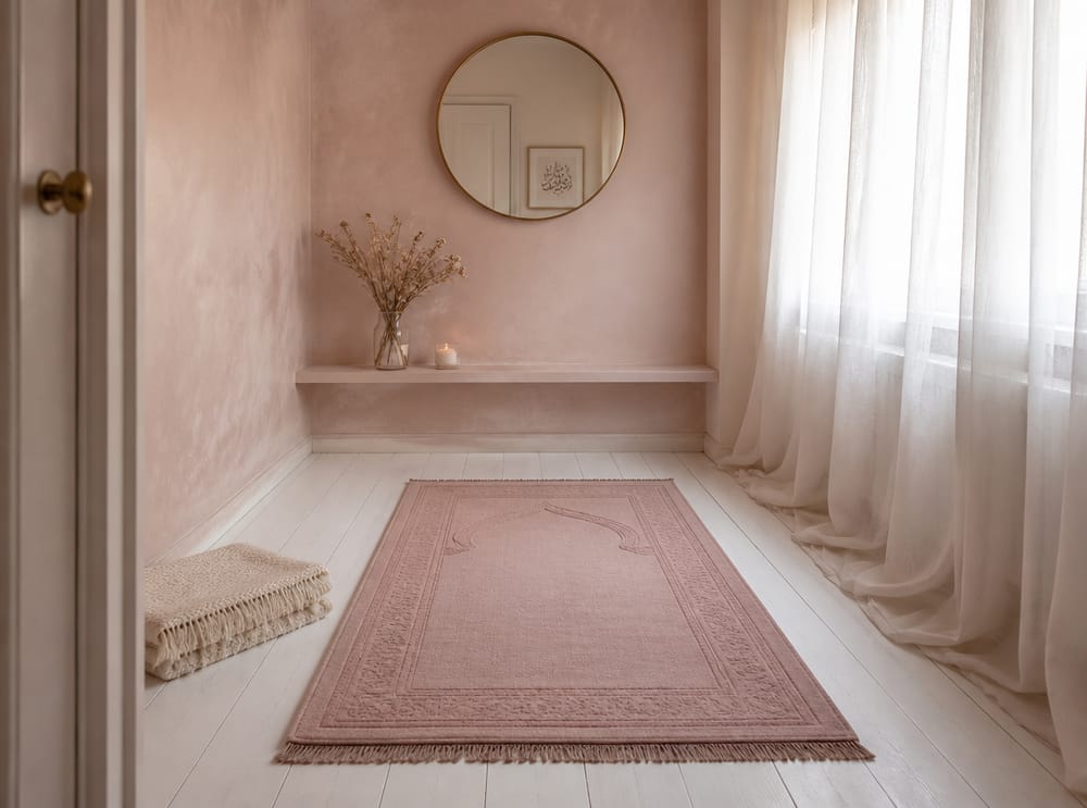Blush rug and dried flowers in soft morning light