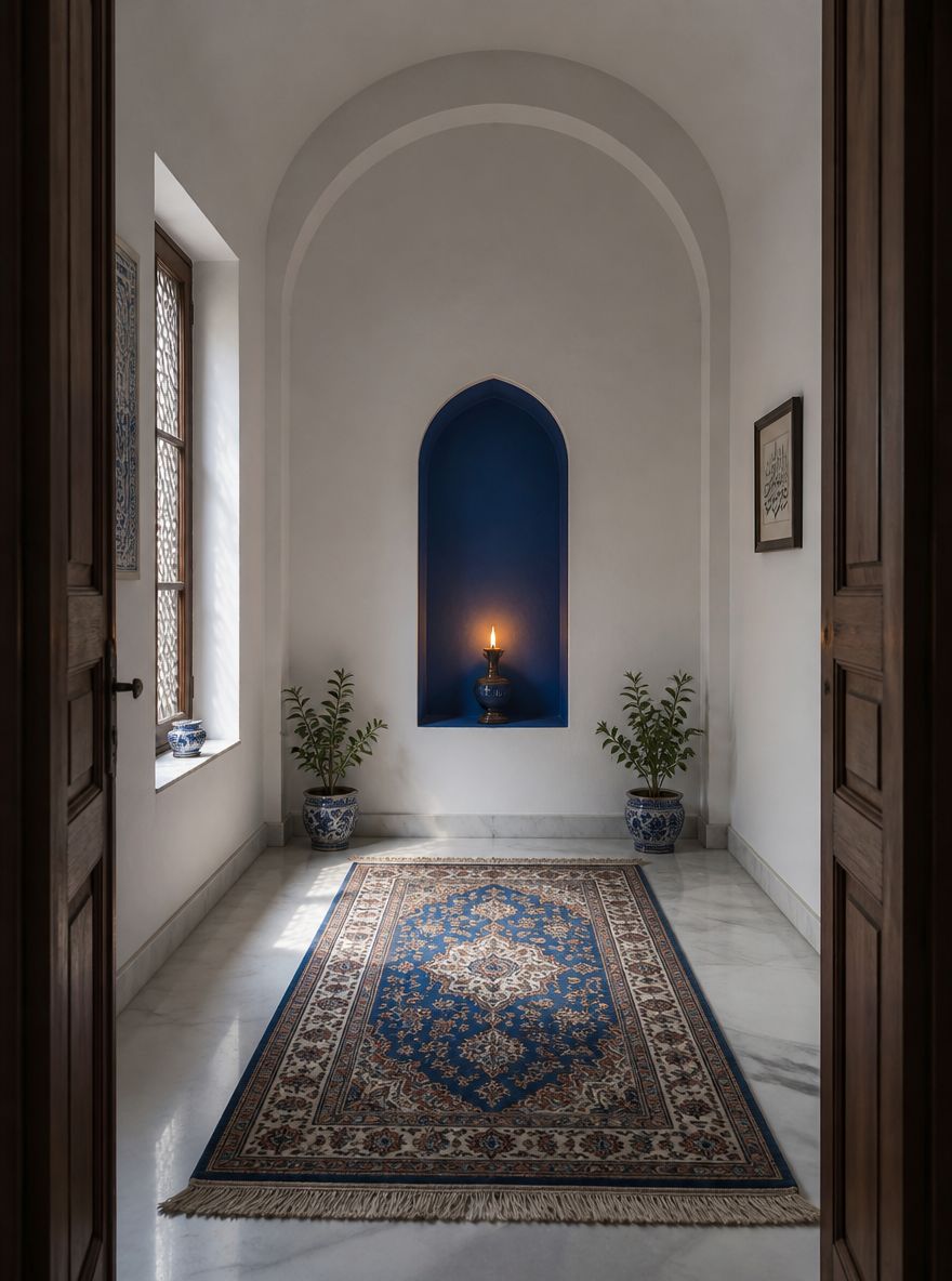 Cobalt niche with oil lamp above marble floor