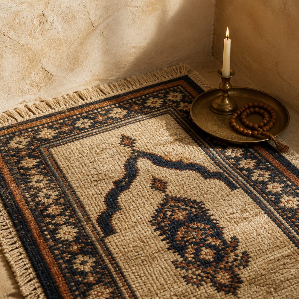 Brass tray with candle and prayer beads