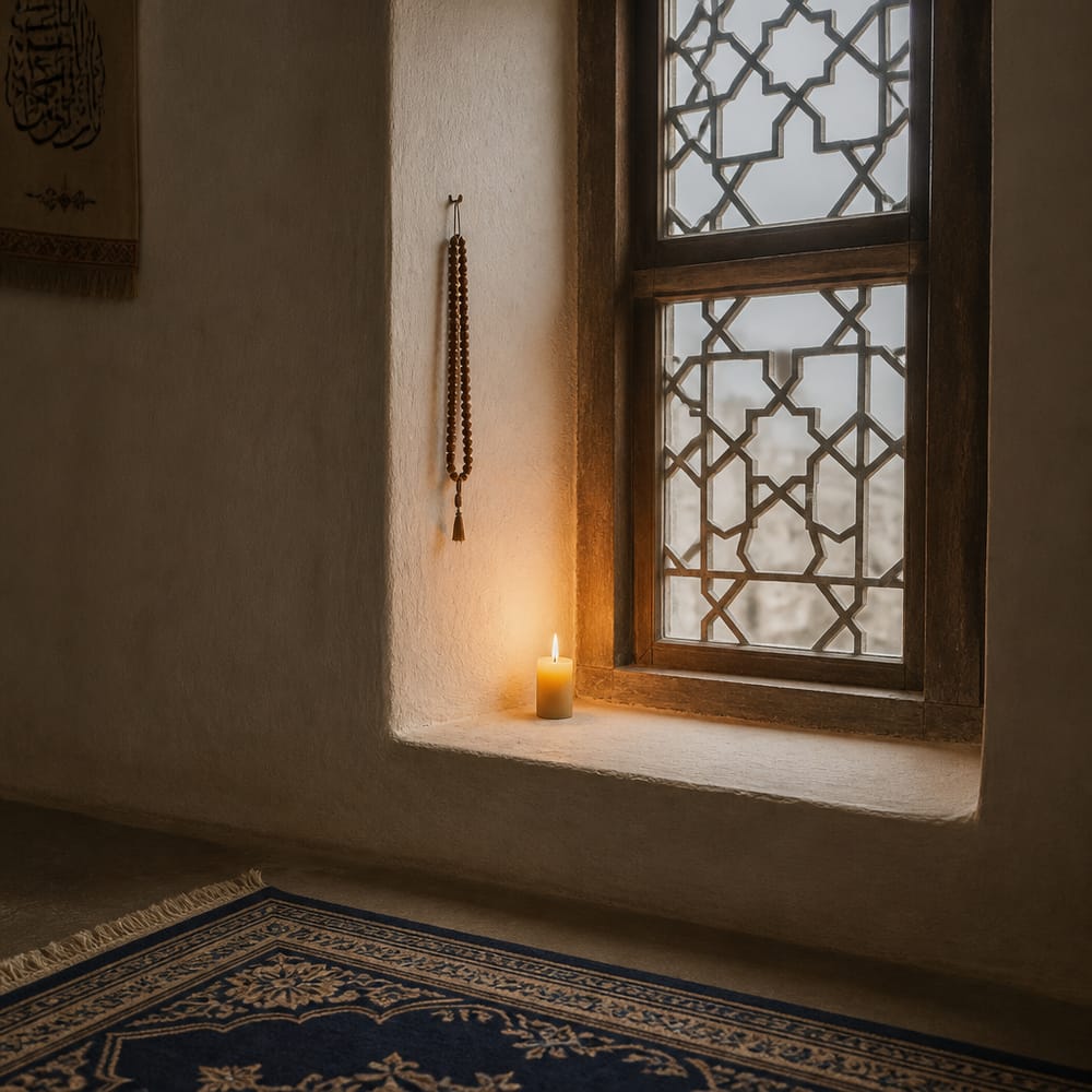 Candle and beads in deep window niche