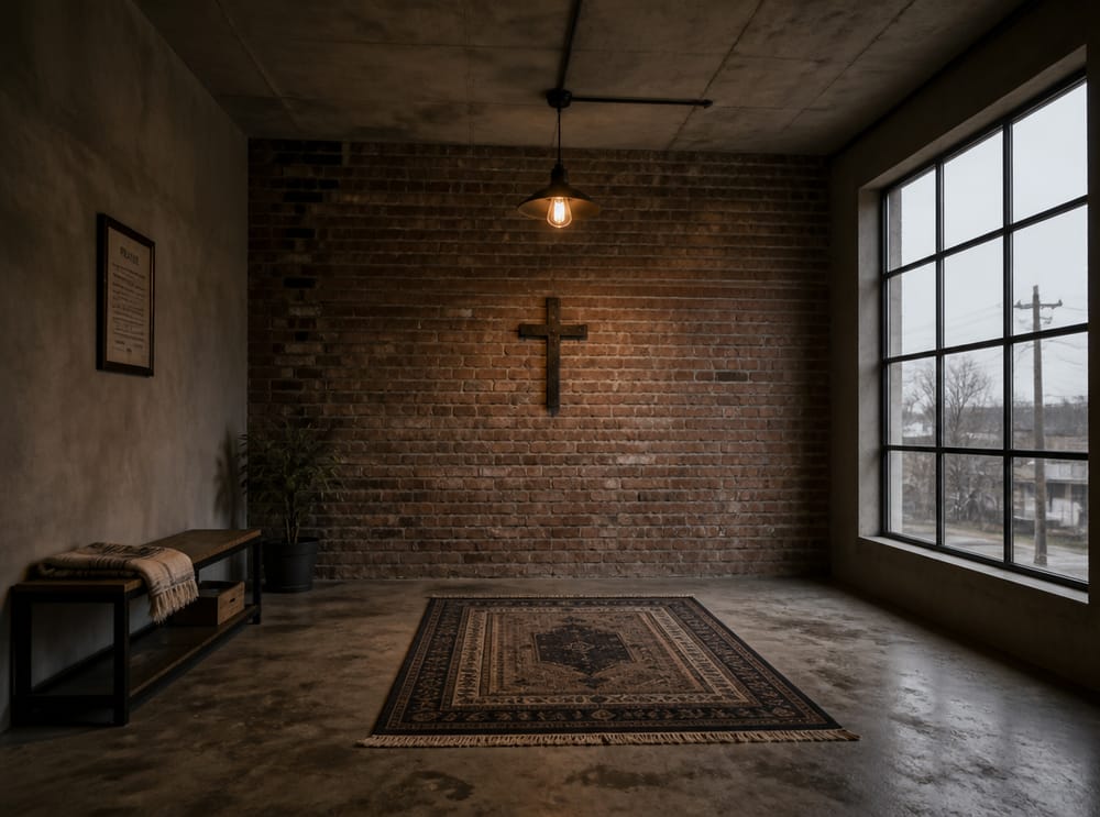 Iron cross on brick wall above concrete floor
