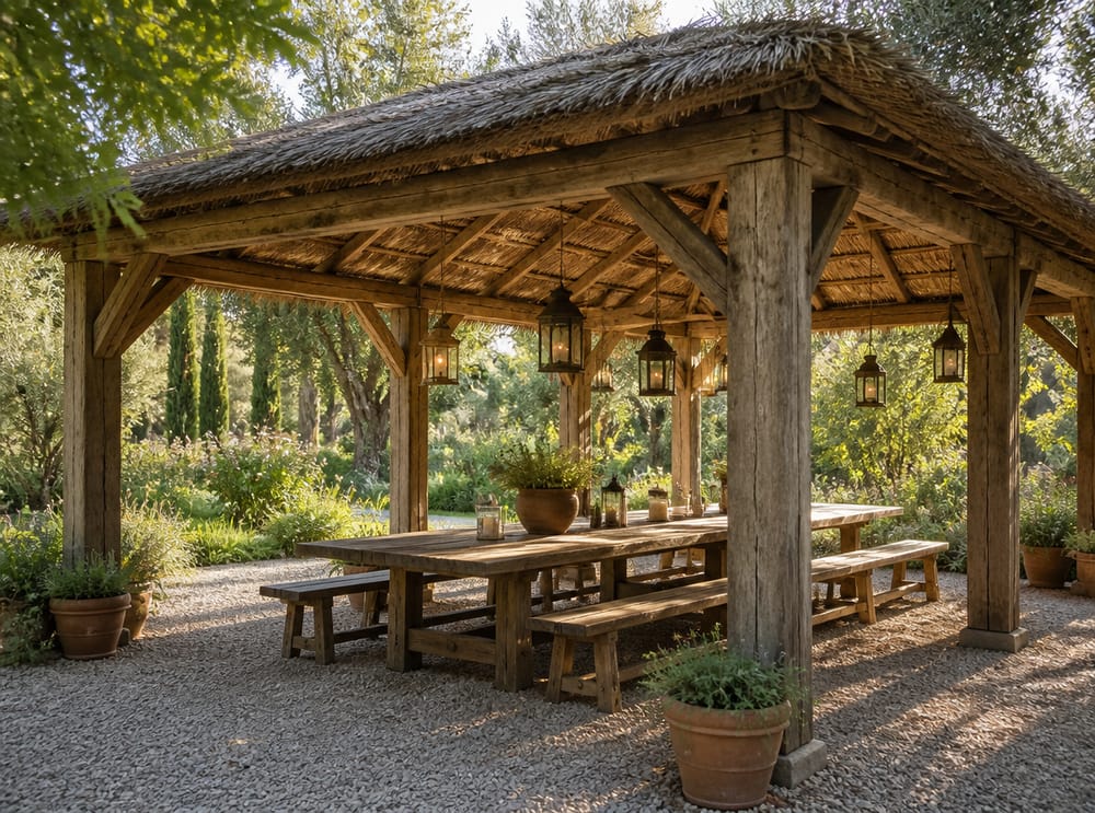 Pilastri in legno grezzo e tetto in paglia per la zona pranzo