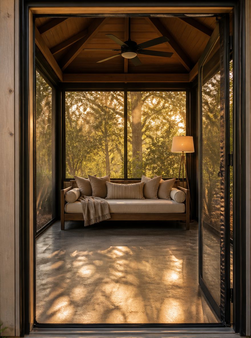 Veranda schermata con chaise longue e ventilatore a soffitto