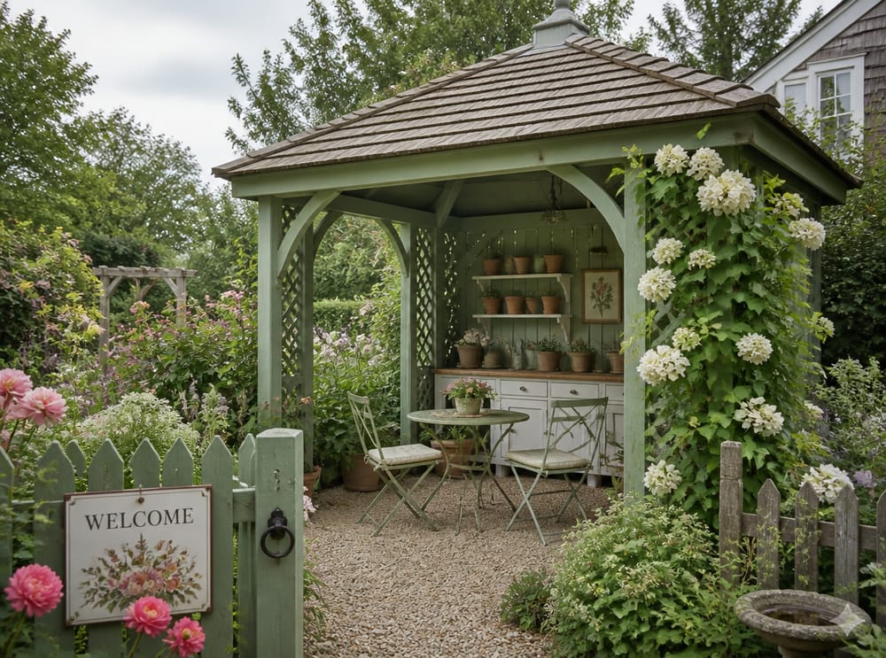 Gazebo verde salvia stile cottage con banco da giardinaggio
