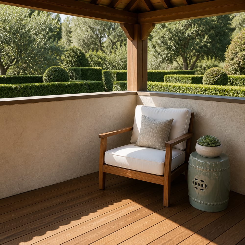 Pavimento in teak incontra angolo con muretto in stucco
