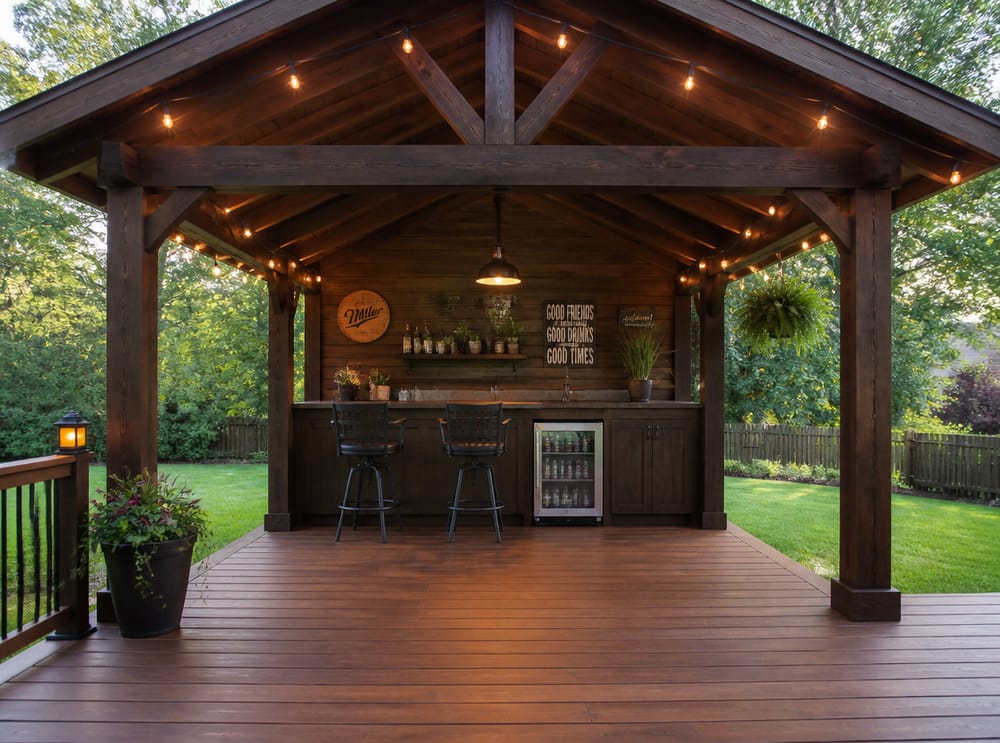 Gazebo in cedro scuro con bar esterno integrato