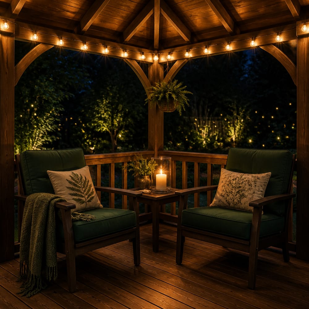 Poltroncine illuminate da candele sotto fili luminosi serali