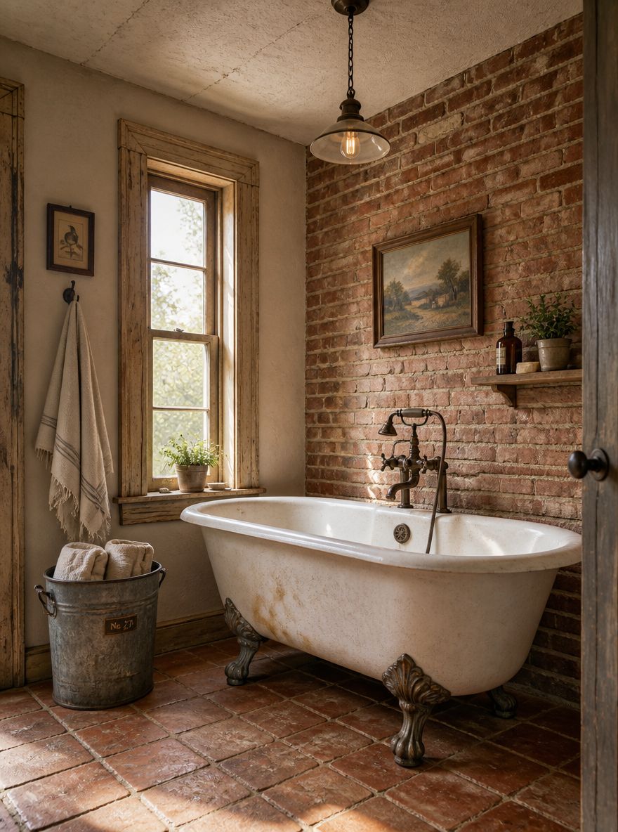 Freestanding tub against exposed brick wall