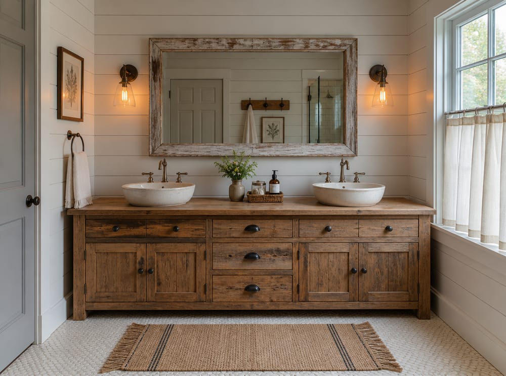 Double reclaimed wood vanity with vessel sinks