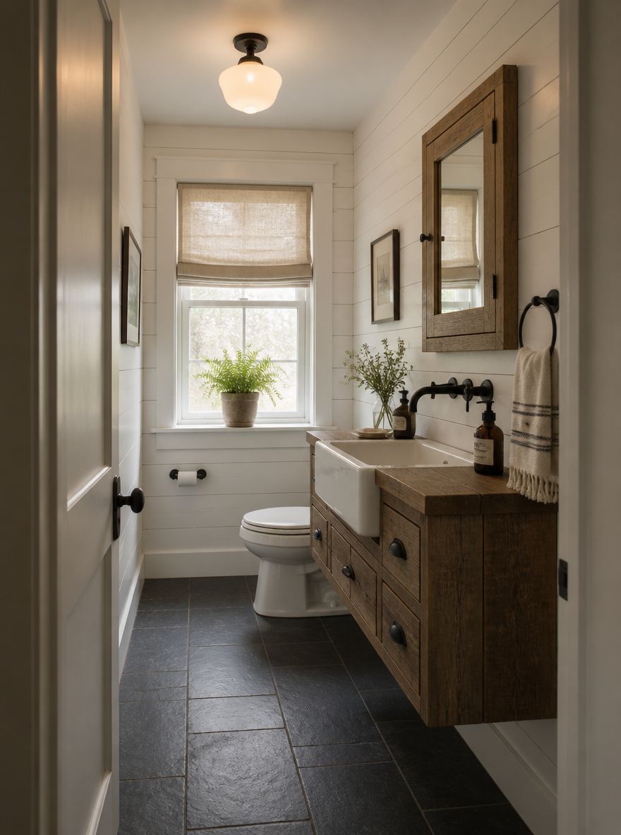 Narrow shiplap bathroom with apron-front sink
