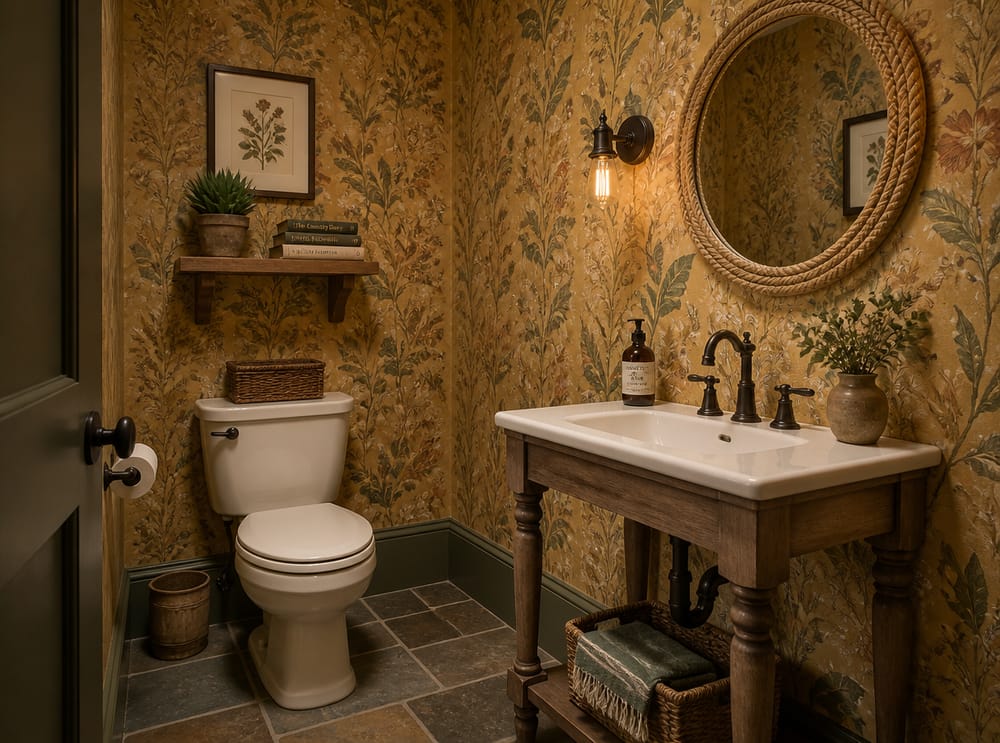 Botanical wallpaper powder room with rope mirror