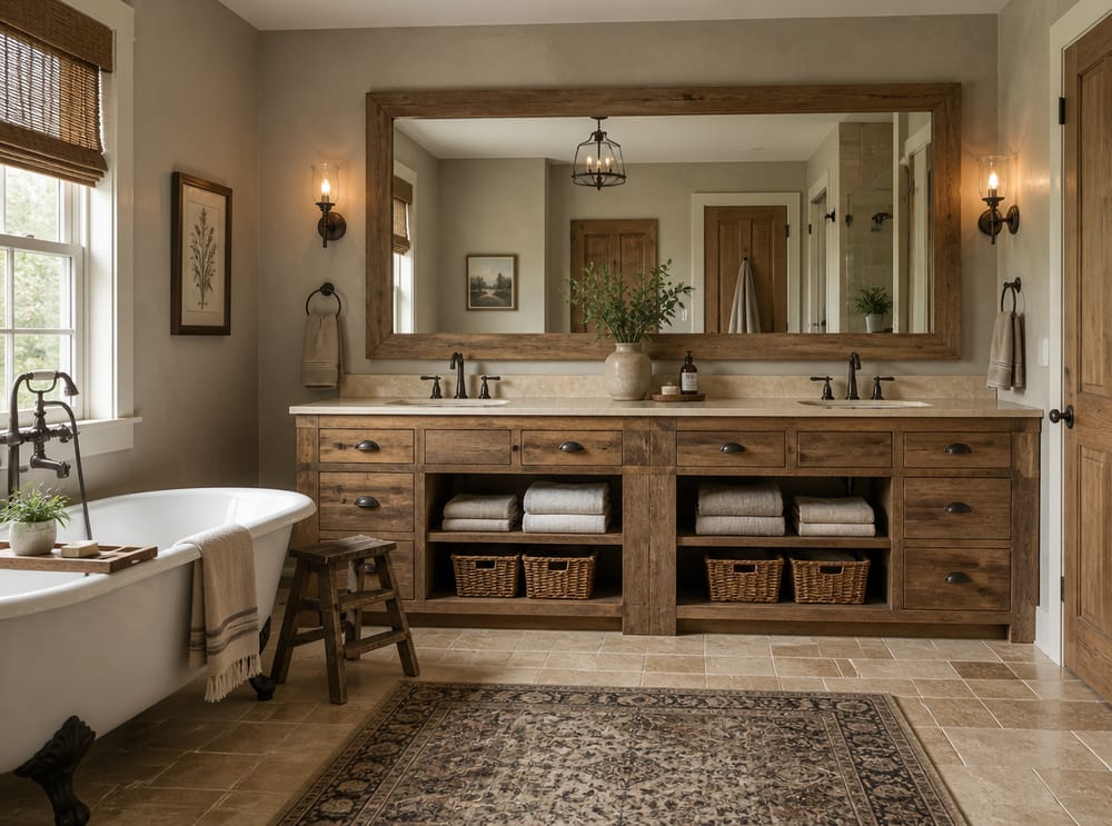 Built-in vanity with open shelving and travertine floor