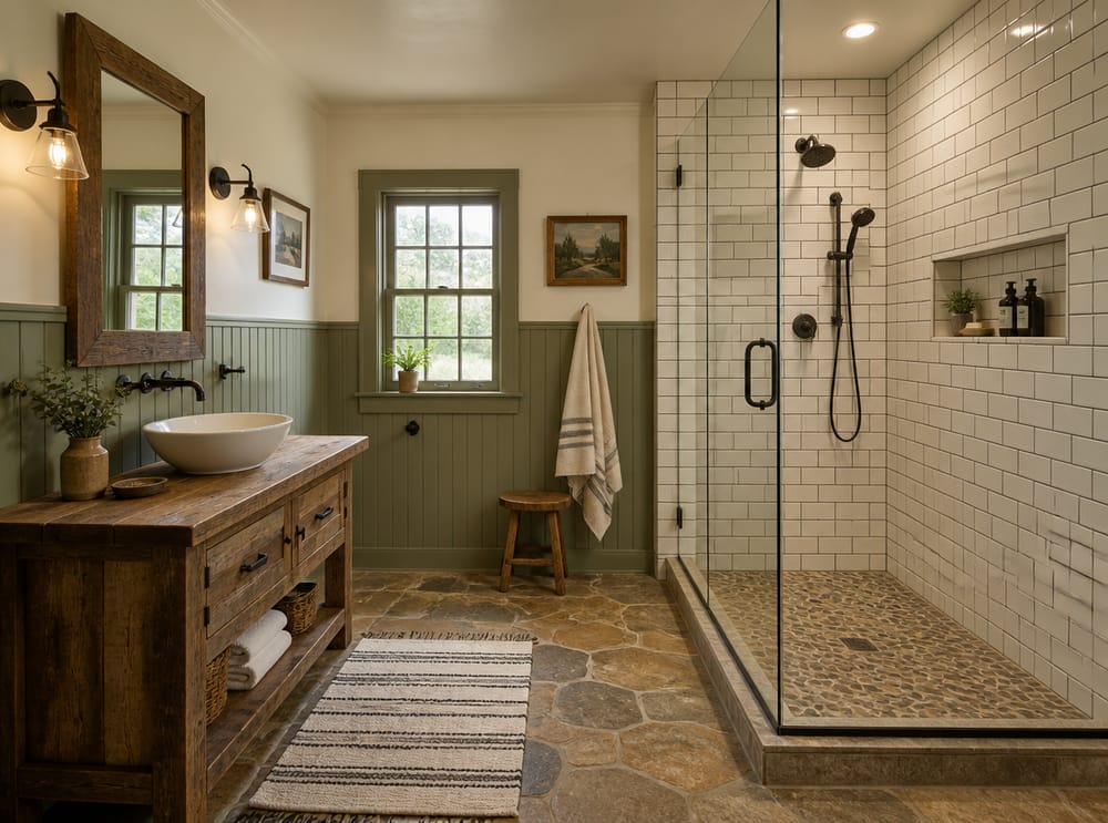 Subway tile shower with muted green bead-board