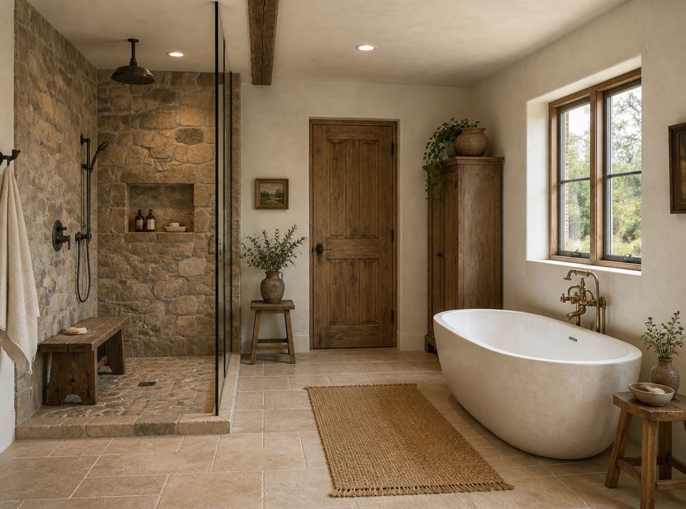 Fieldstone shower beside an oval freestanding tub