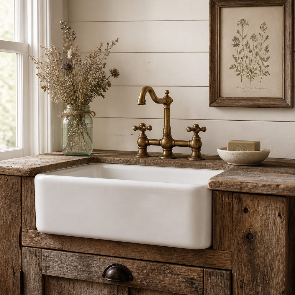 Barnwood vanity with dried wildflowers and ceramic soap dish