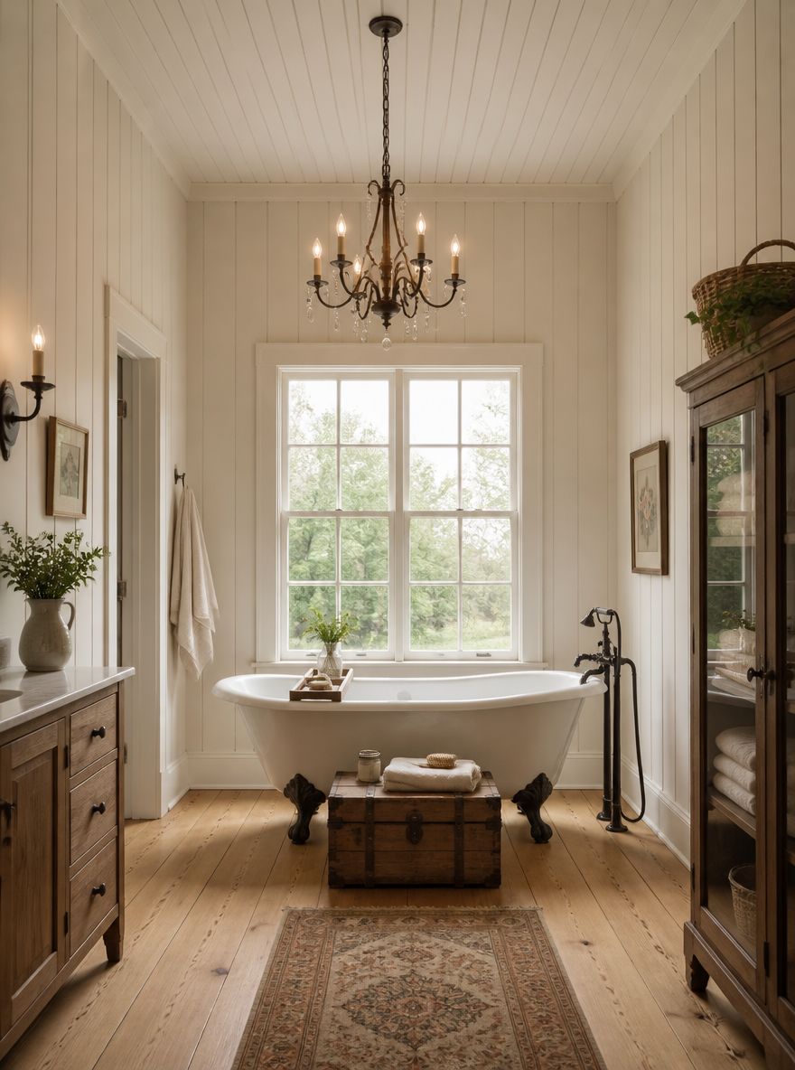 Beadboard ceiling chandelier over pine floors