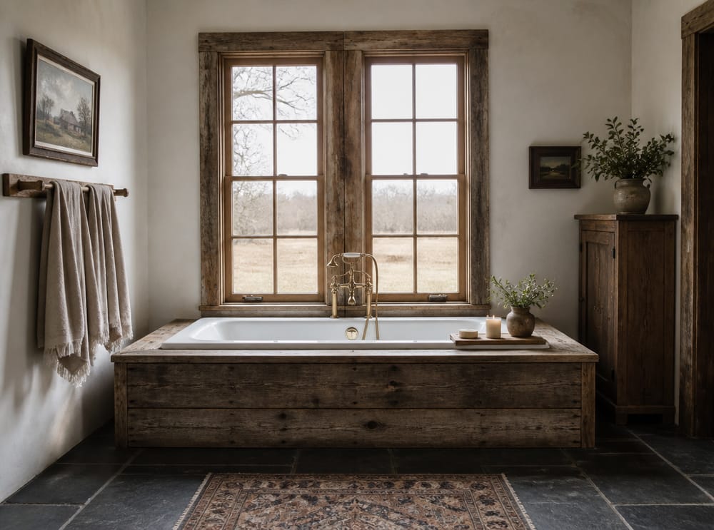 Built-in shiplap tub surround beneath casement windows