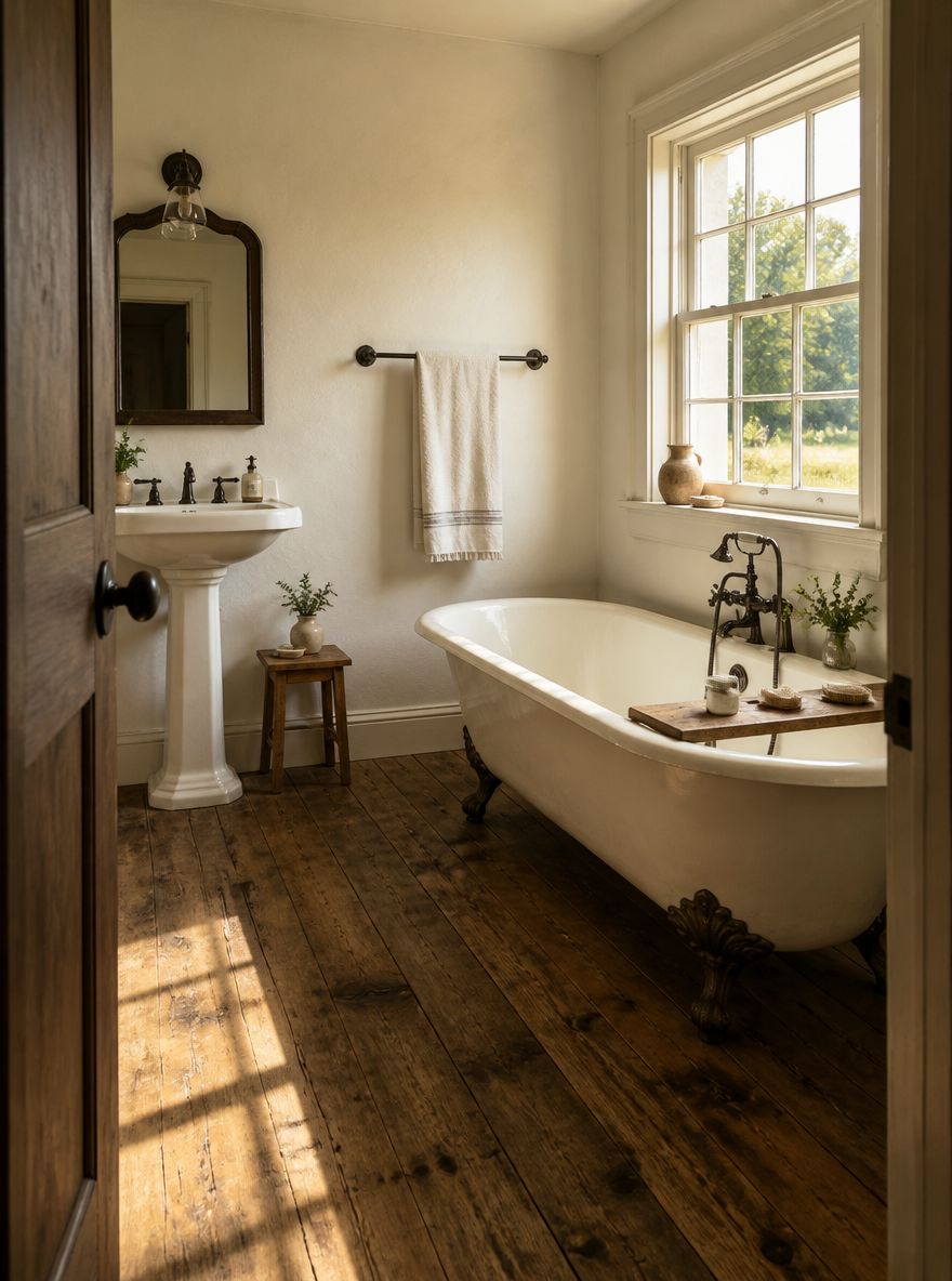 Wide-plank floor stretching toward a clawfoot tub