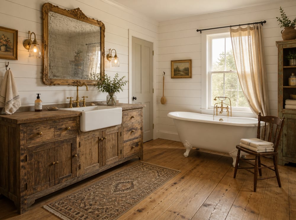 Farmhouse sink with bridge faucet and gilded mirror
