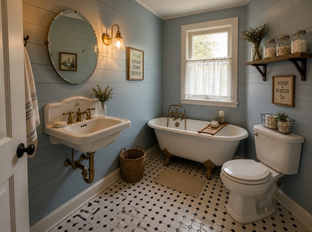 Pale blue shiplap with corner clawfoot tub