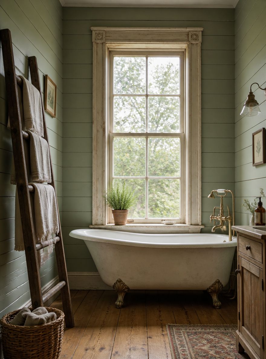 Sage shiplap with tub set beneath tall window
