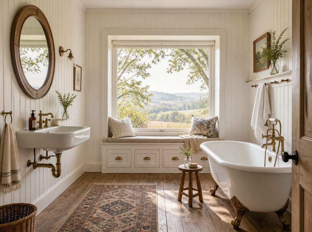 Window seat beside clawfoot tub on wood floors