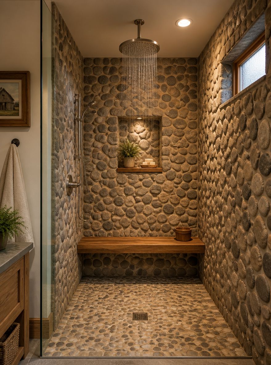 River rock shower with teak bench and rain head