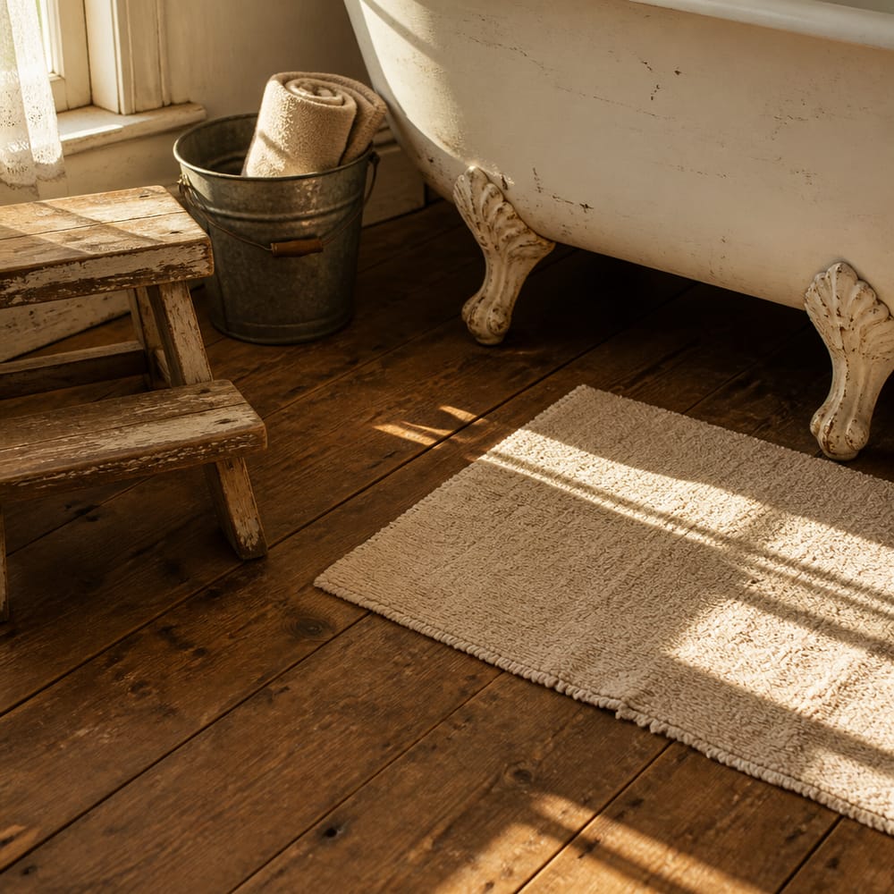 Cast iron tub feet on reclaimed pine floor