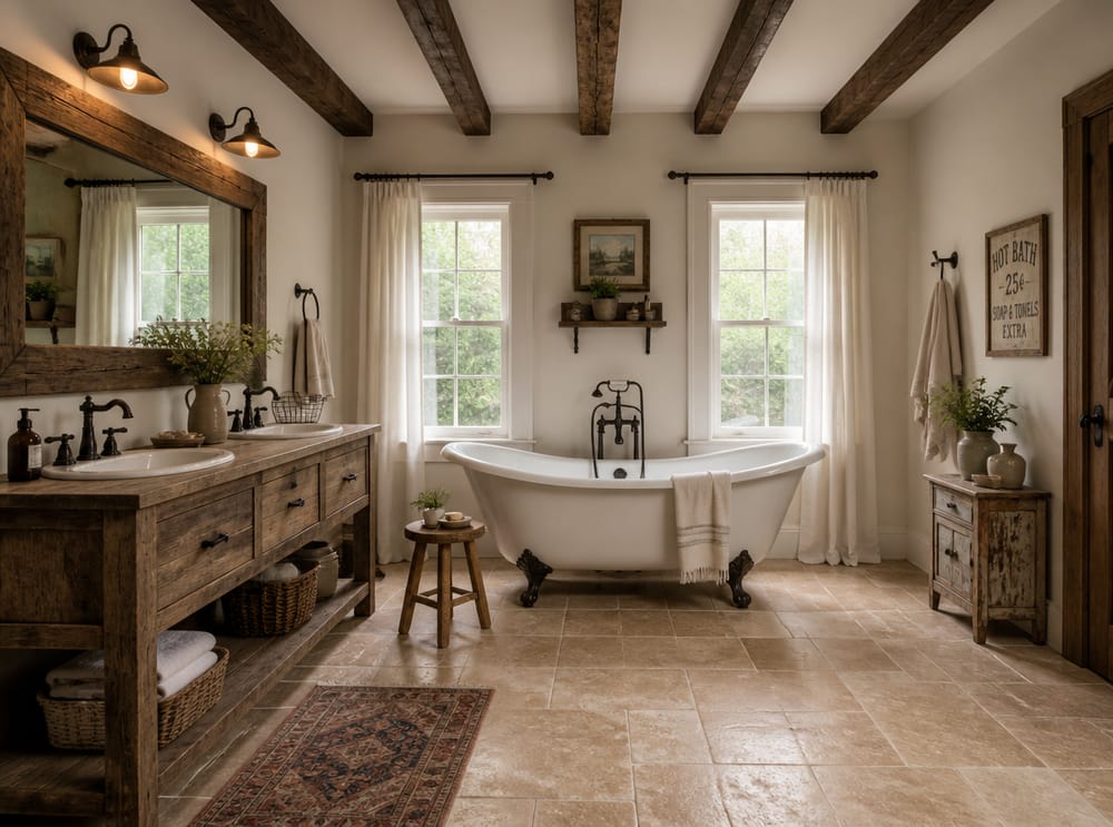 Clawfoot tub between windows with exposed ceiling beams