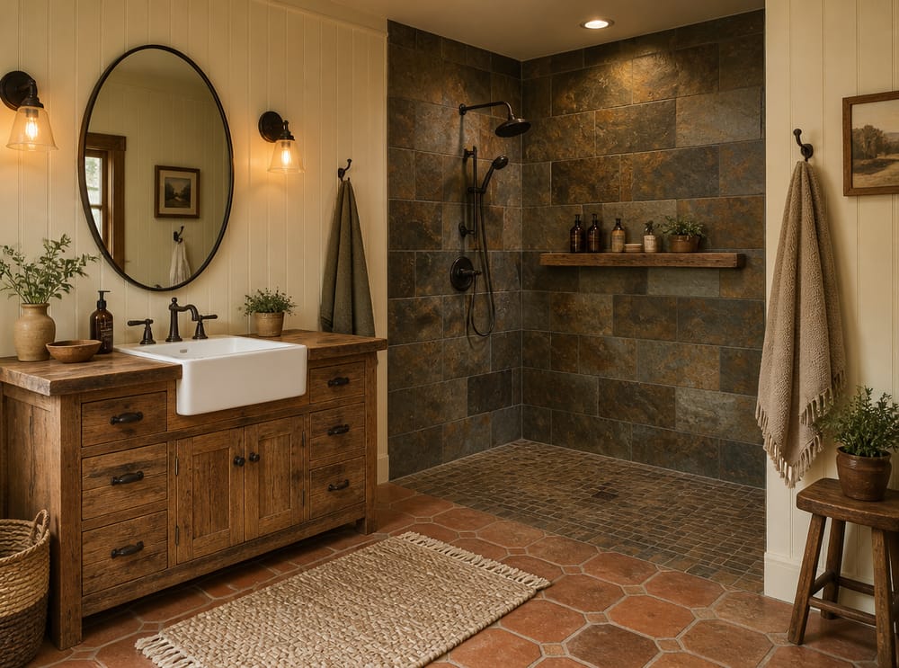 Slate tile curbless shower with farmhouse sink vanity