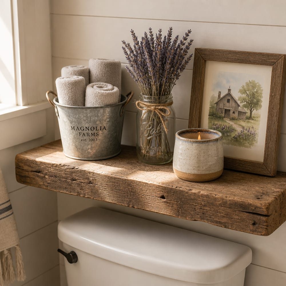 Reclaimed shelf with mason jar and dried lavender