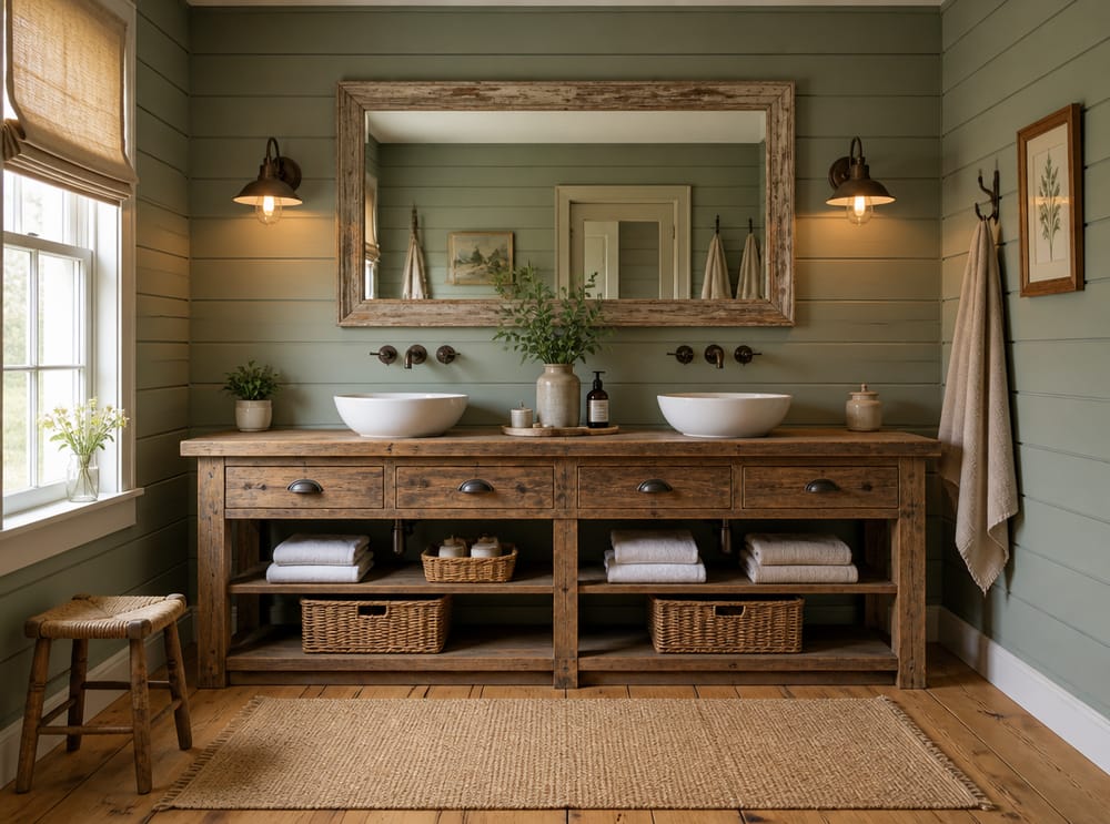 Barnwood double vanity with gooseneck sconces