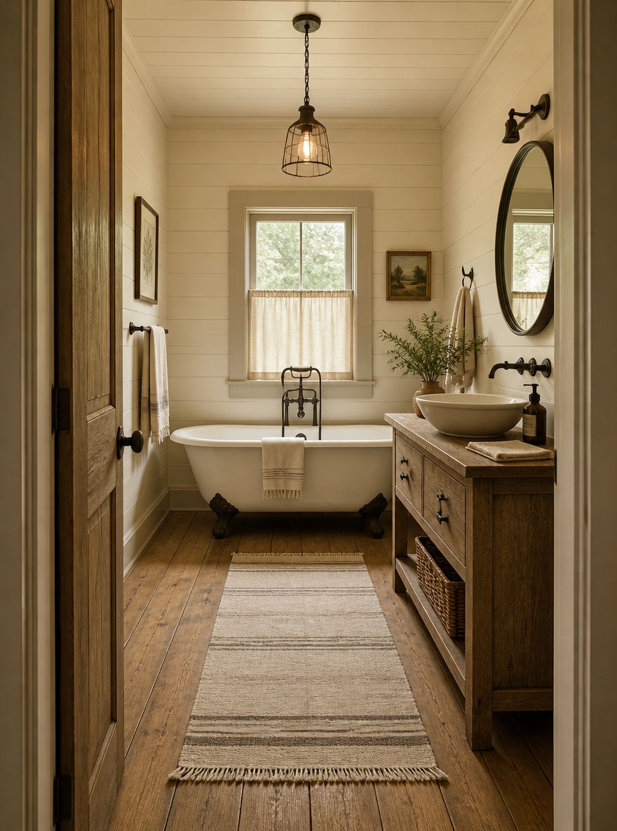 Doorway view down to a far-wall clawfoot tub